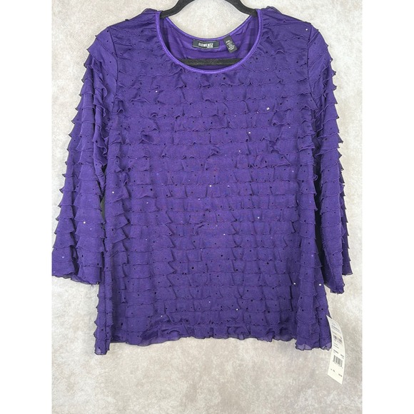 Elementz Petite Tops - NWT Elementz Petite Purple Ruffle Sequin 3/4 Sleeve Top Womens  PETITE XL